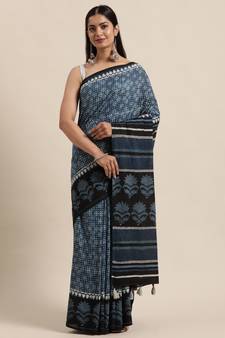 Geroo Jaipur Hand Block Printed Indigo Saree Without Blouse