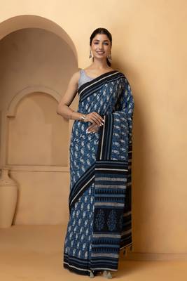 Geroo Jaipur Indigo Pure Cotton Hand Block Print Bagru Saree Without Blouse 1