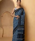 Geroo Jaipur Indigo Pure Cotton Hand Block Print Bagru Saree Without Blouse