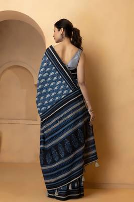 Geroo Jaipur Indigo Pure Cotton Hand Block Print Bagru Saree Without Blouse 2