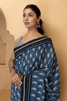 Geroo Jaipur Indigo Pure Cotton Hand Block Print Bagru Saree Without Blouse 3