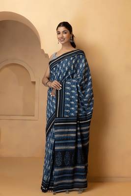 Geroo Jaipur Indigo Pure Cotton Hand Block Print Bagru Saree Without Blouse 4