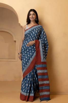   Indigo Pure Cotton Hand Block Print Bagru Saree 1