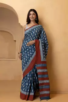 Geroo Jaipur Indigo Pure Cotton Hand Block Print Bagru Saree