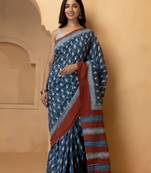 Geroo Jaipur Indigo Pure Cotton Hand Block Print Bagru Saree