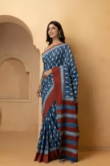   Indigo Pure Cotton Hand Block Print Bagru Saree