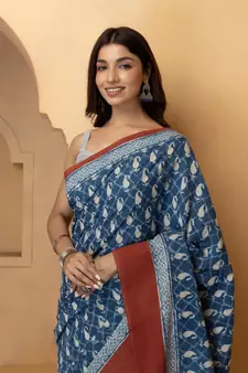   Indigo Pure Cotton Hand Block Print Bagru Saree