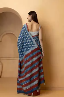   Indigo Pure Cotton Hand Block Print Bagru Saree