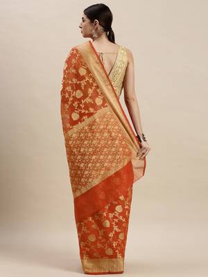   Orange Kota Silk Floral Zari Saree 1