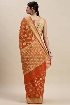 Geroo Jaipur Orange Kota Silk Floral Zari Saree