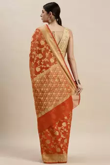 Geroo Jaipur Orange Kota Silk Floral Zari Saree