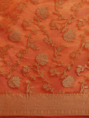   Orange Kota Silk Floral Zari Saree 2