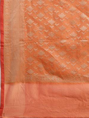  Orange Kota Silk Floral Zari Saree 3