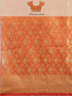   Orange Kota Silk Floral Zari Saree 5