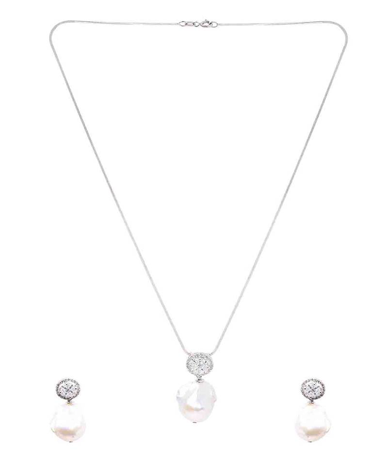 White Fused Solitaire With Baroque Drop With Earrings