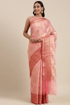 Geroo Jaipur Hand Woven Pink Kota Doria Saree With Zari Work