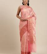 Geroo Jaipur Hand Woven Pink Kota Doria Saree With Zari Work