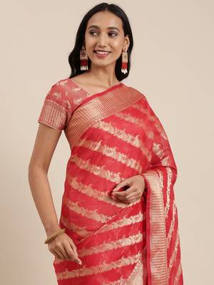   Red Kota Silk Floral Zari Saree 1