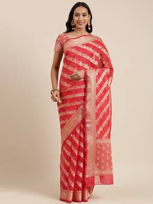  Red Kota Silk Floral Zari Saree 2