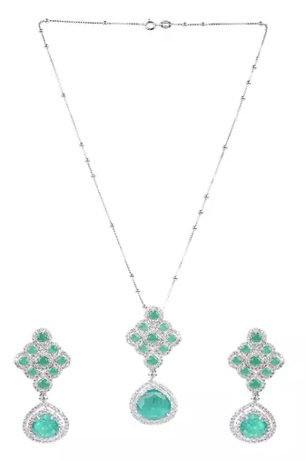 Green Emerald And Diamond Rhombus With Emerald Pear Drop And Earrings
