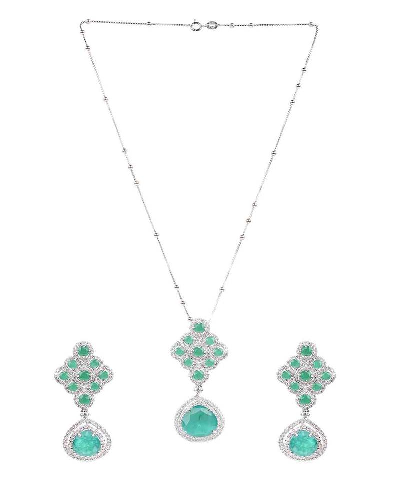 Green Emerald And Diamond Rhombus With Emerald Pear Drop And Earrings