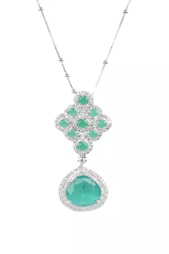 Green Emerald And Diamond Rhombus With Emerald Pear Drop And Earrings