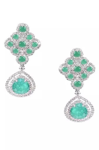 Green Emerald And Diamond Rhombus With Emerald Pear Drop And Earrings