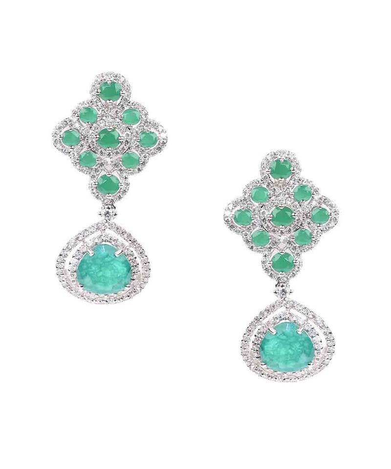 Green Emerald And Diamond Rhombus With Emerald Pear Drop And Earrings