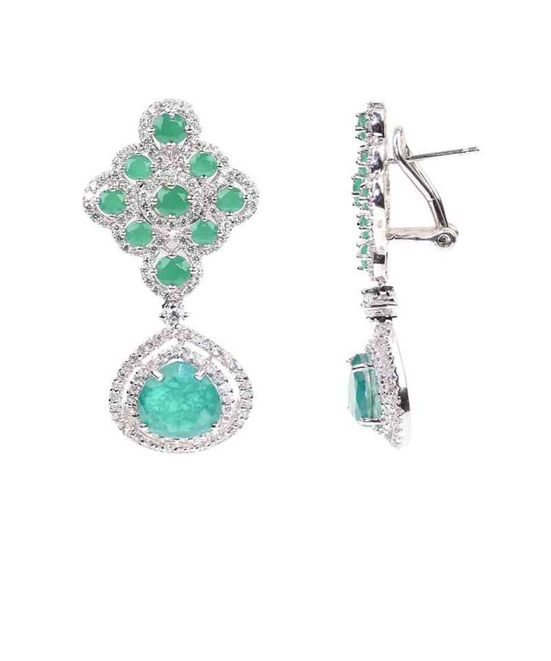 Green Emerald And Diamond Rhombus With Emerald Pear Drop And Earrings