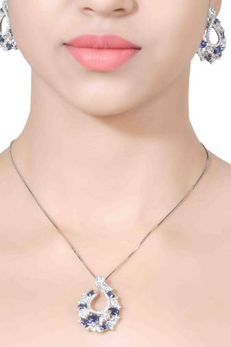 Blue Sapphire And Diamond 'C' Cluster Pendant With Chain And Earrings