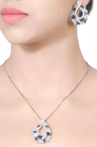 Blue Sapphire And Diamond 'C' Cluster Pendant With Chain And Earrings