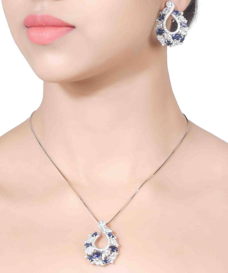Blue Sapphire And Diamond 'C' Cluster Pendant With Chain And Earrings