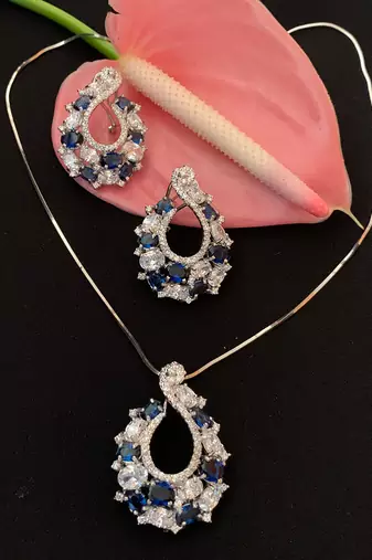 Blue Sapphire And Diamond 'C' Cluster Pendant With Chain And Earrings