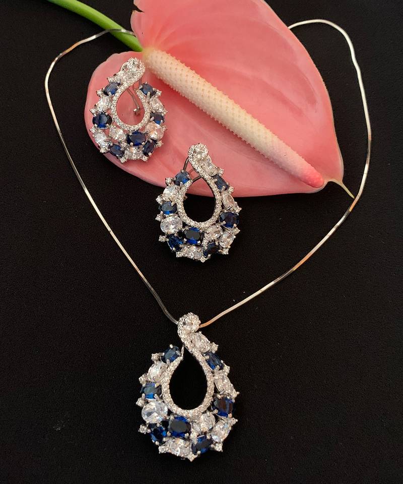 Blue Sapphire And Diamond 'C' Cluster Pendant With Chain And Earrings