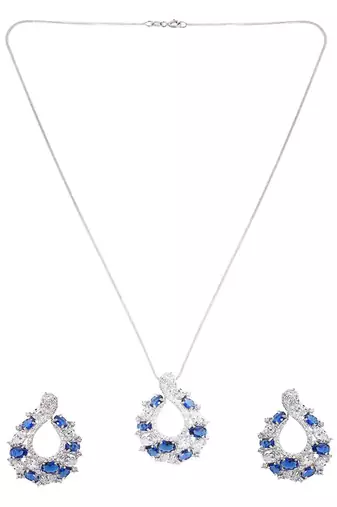 Blue Sapphire And Diamond 'C' Cluster Pendant With Chain And Earrings