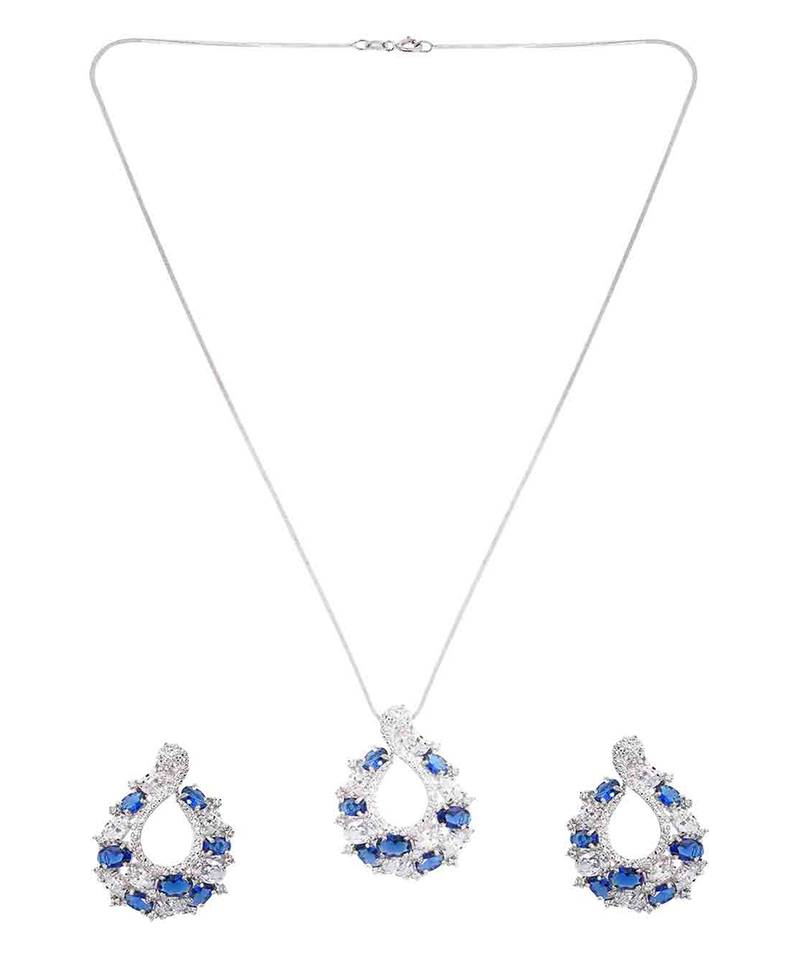 Blue Sapphire And Diamond 'C' Cluster Pendant With Chain And Earrings