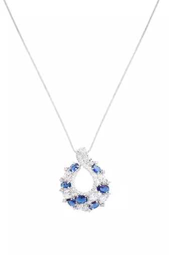 Blue Sapphire And Diamond 'C' Cluster Pendant With Chain And Earrings