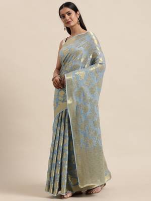 Hand Woven Grey Zari Jaal Saree 1
