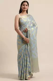 Hand Woven Grey Zari Jaal Saree