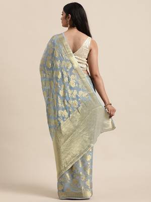 Hand Woven Grey Zari Jaal Saree 3
