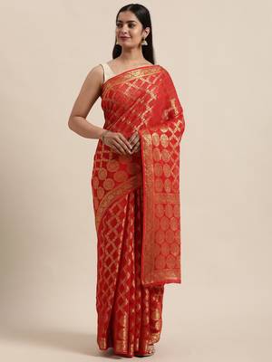 Red Georgette Zari Saree 2