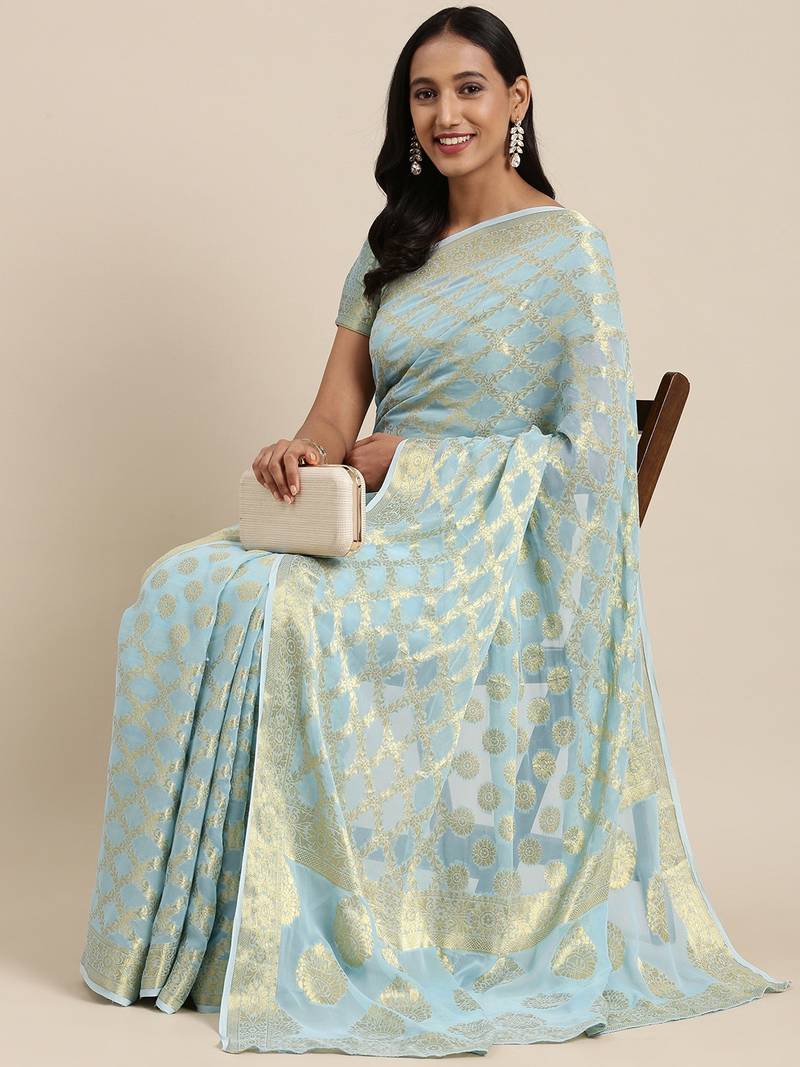 Geroo Jaipur Blue Zari Jaal Georgette Saree