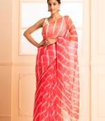 Geroo Jaipur Handcrafted Organza Leheriya Saree With Pittan Work