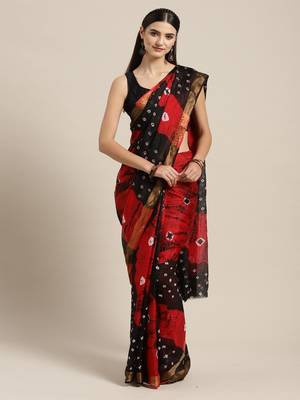   Red & Black Kota Doria Bandhani Saree 1