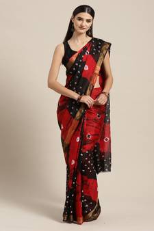 Geroo Jaipur Red & Black Kota Doria Bandhani Saree
