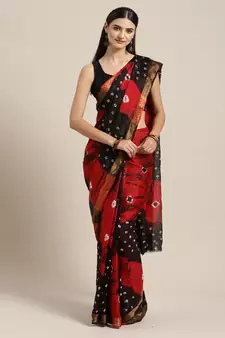 Geroo Jaipur Red & Black Kota Doria Bandhani Saree