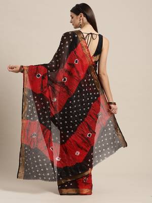   Red & Black Kota Doria Bandhani Saree 2