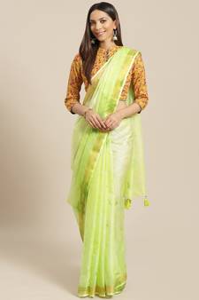 Geroo Jaipur Hand Crafted Tie & Dye Kota Silk Saree With Hand Block Print Unstitched Blouse