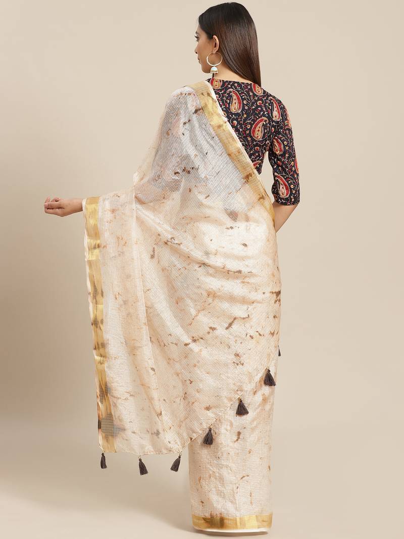 Geroo Jaipur Hand Crafted Tie & Dye Kota Silk Saree With Hand Block Print Unstitched Blouse