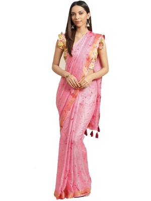   Hand Crafted Tie & Dye Kota Silk Saree With Hand Block Print Unstitched Blouse 1